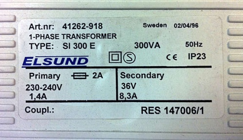 Solgt!Transformator 36V Elsund SI300E - 2 / 2