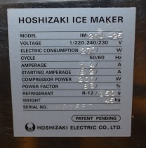 Isbitmaskin fra Hoshizaki Foster, Japan, modell IM-20J-25 20kg/døgn, brukt