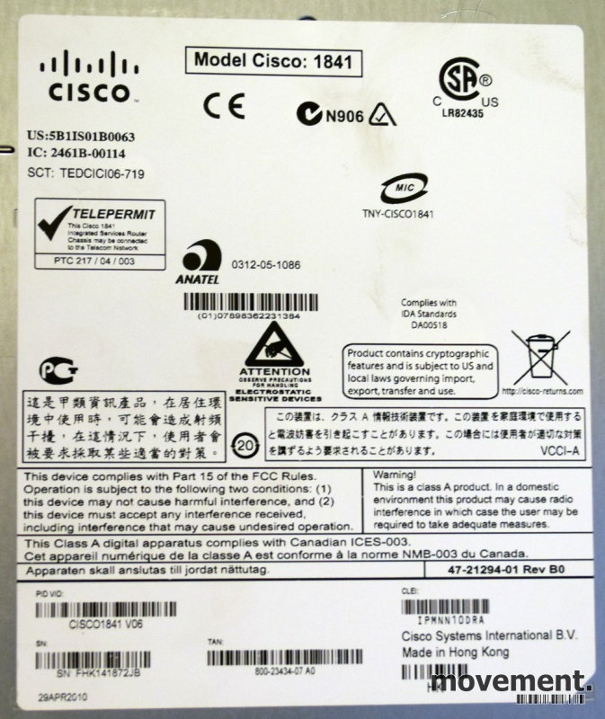 Solgt!Cisco 1841 Router, V06, med HWIC - 5 / 5