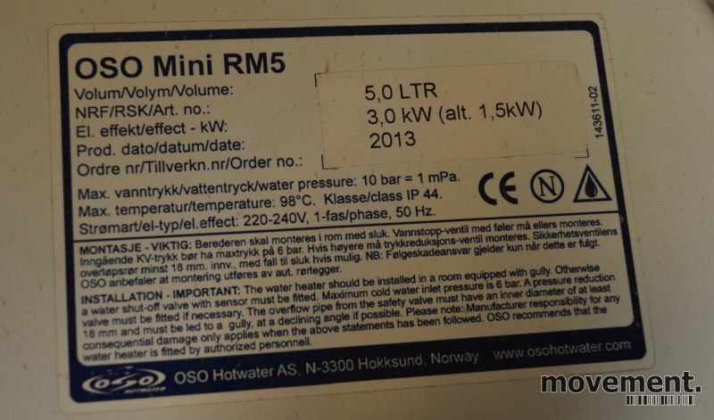 Solgt!OSO RM 5 Mini varmtvannsbereder, 6 - 2 / 2