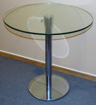 Lite, rundt glassbord med justerbar høyde,understell i krom, Ø=70cm H=70-91cm, pent brukt