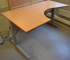 Skrivebord med elektrisk hevsenk, hjørneløsning 170x100cm, bøk plate, grått understell, pent brukt