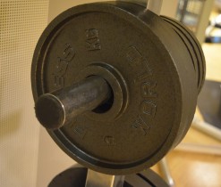 Olympisk stang med vektskiver og stativ, pent brukt