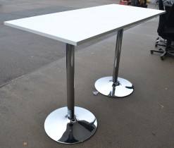 Ståbord / barbord i hvit laminat / ben i krom, 180x80cm, høyde 112cm, pent brukt understell med ny plate