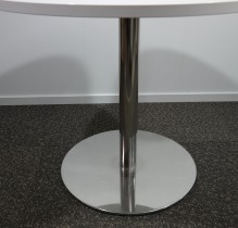 Lite, rundt møtebord med hvit bordplate, Ø=90cm, H=73cm, krom understell, pent brukt understell med ny plate