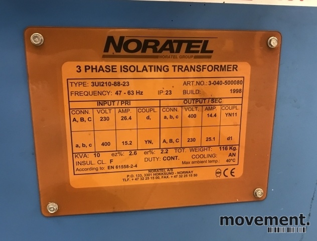 Solgt!Noratel Transformator 3fas 10KVA, - 3 / 3