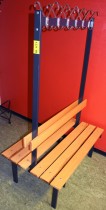 Garderobebenk, tosidig, i tre / stål, bredde 110cm, med 2x6 knagger, pent brukt