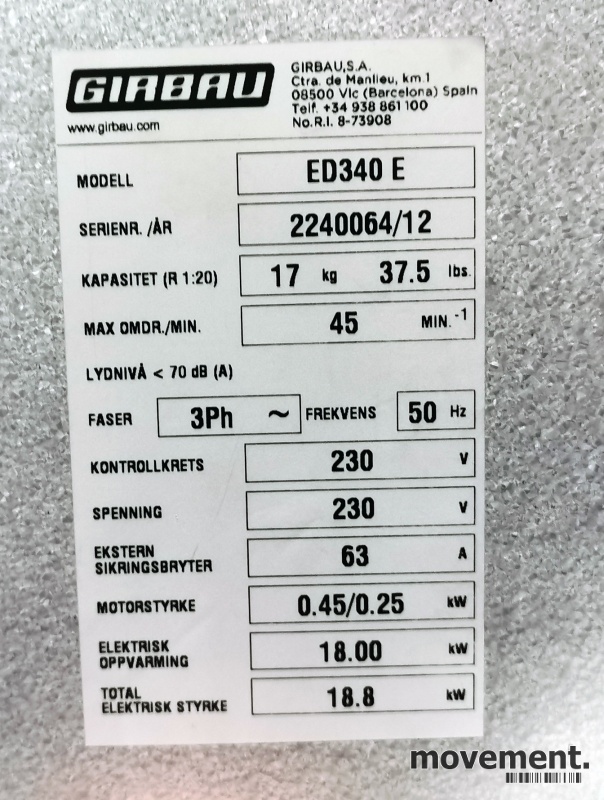 Solgt!Industritørketrommel Girbau ED340E, - 4 / 7