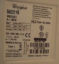 Kjøleskap/kombiskap fra Whirlpool i hvitt, 60cm b, 188cm h, modell WBE3321, pent brukt
