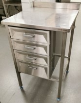 Liten benk / arbeidsbord med skuffer fra Metos i rustfritt stål, 60cm b, 65cm d, 9,50cm h, pent brukt