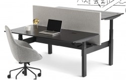 Dobbel hevsenk 160cm skrivebord i grå linoleum, sort understell, Holmris NomonoDuo, pent brukt