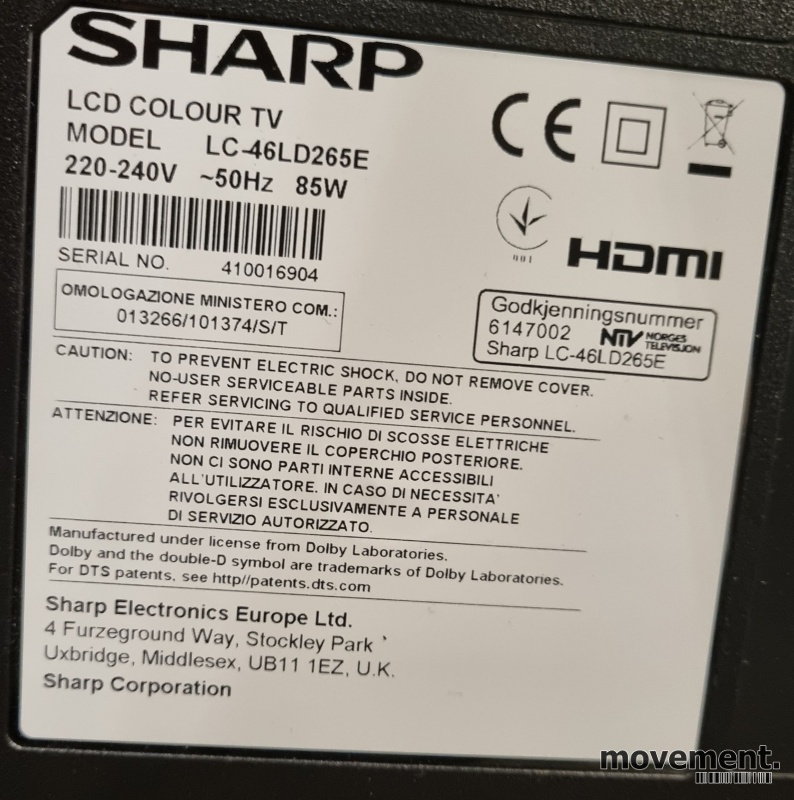 Solgt!Sharp 46toms LED flatskjerms-TV, - 2 / 2