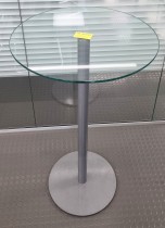 Rundt ståbord i glass / understell i grålakkert metall, Ø=65 H=111,5, pent brukt