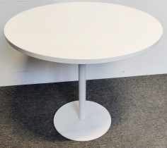 Lite, rundt møtebord i hvitt, Ø=90cm, H=72cm, hvitt understell, ny bordplate, pent brukt understell