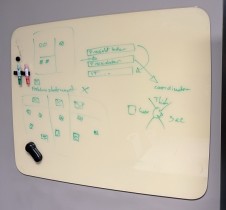 Whiteboard i gult glass fra Lintex, modell Flow Wall, 125x100cm, vegghengt, pent brukt