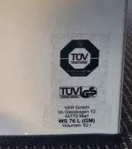 Avfallsbeholder fra VAR GmbH, grålakkert metall, luke for innkast, pent brukt