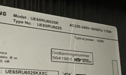 65toms TV fra Samsung, UE65RU6025K, 4K, Smart TV, veggfeste, pent brukt