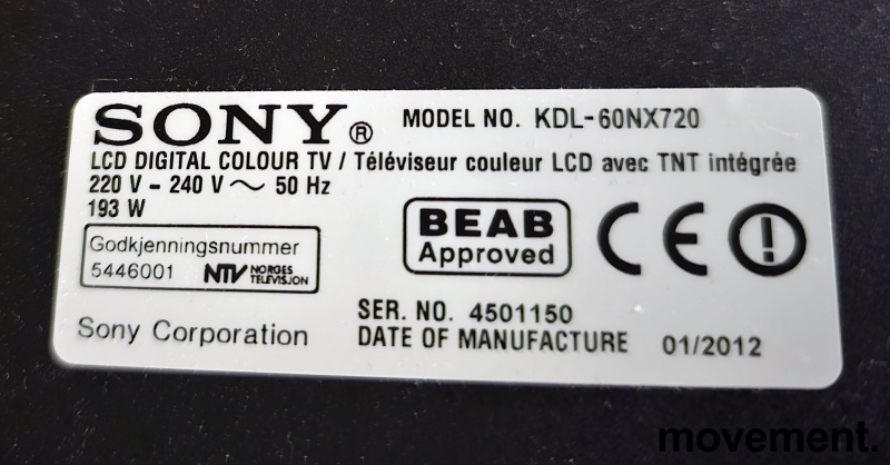 Solgt!Sony flatskjerms-TV, 60toms Bravia - 2 / 3