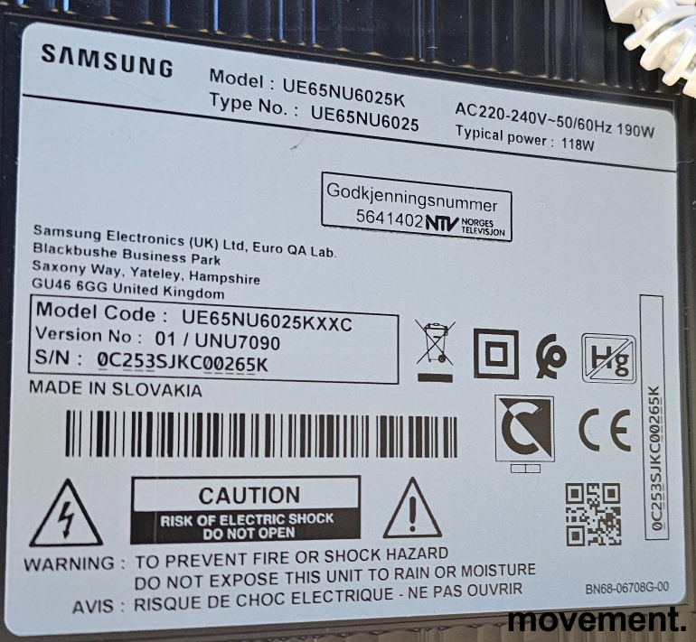 Solgt!Samsung 65toms, UE65NU6025K, 4K - 6 / 6