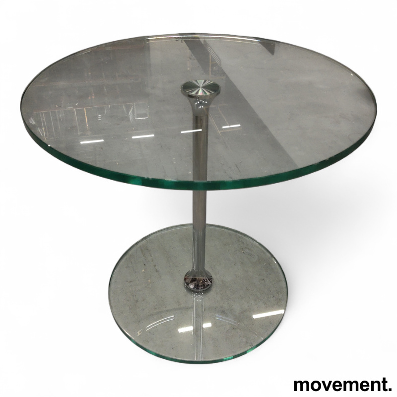 Stk. 2 Loungebord i glass, Ø=50cm, høyde 45cm Glass, krom søyle, Pent brukt 1.