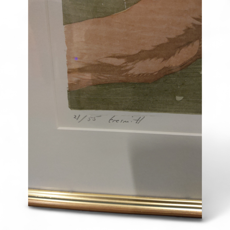 Tresnitt 54x46cm "Møte", Pent brukt