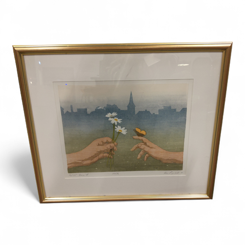 Tresnitt 54x46cm "Møte", Pent brukt